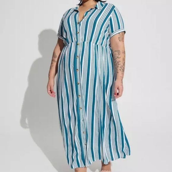 Torrid Blue and White Striped Maxi Rayon Slub Button Front Godet A-line Dress - Picture 10 of 11